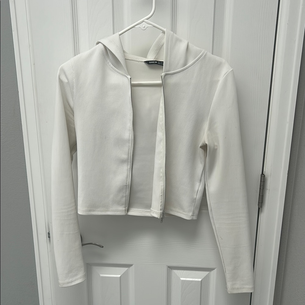 SHEIN White Cropped Knit Jacket with Hood